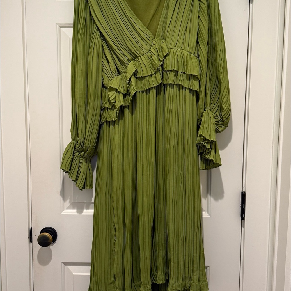 Nasty Gal Green Ruched Wrap Gown with Bishop Sleeves